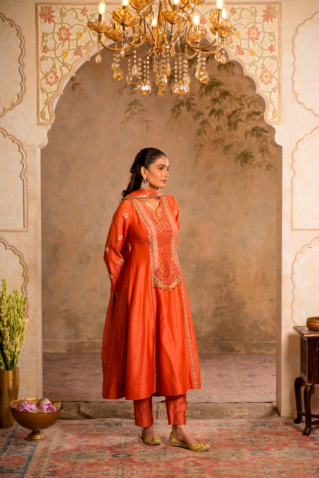 LEHER PEACH ORANGE KURTA SET