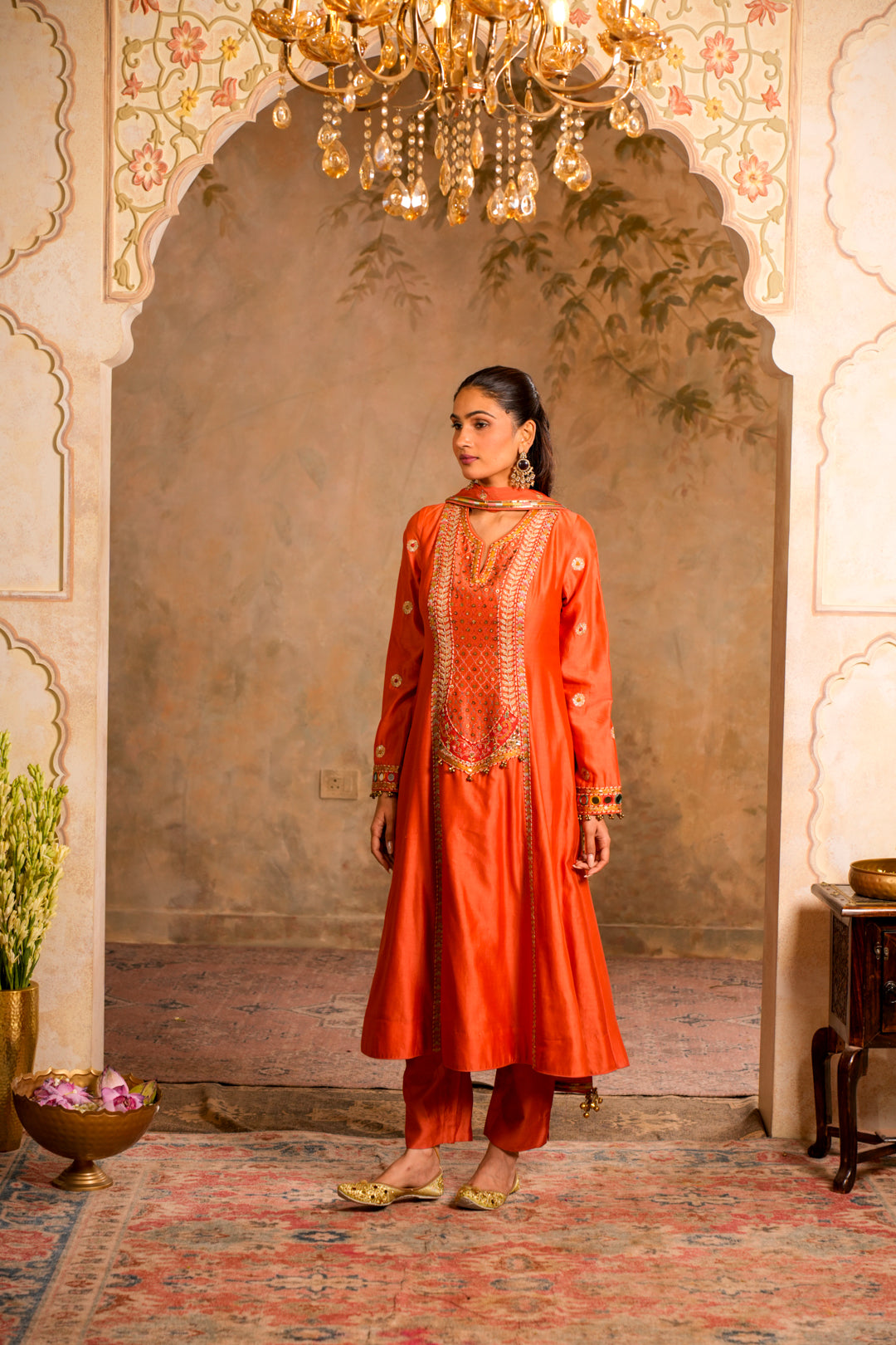 LEHER PEACH ORANGE KURTA SET
