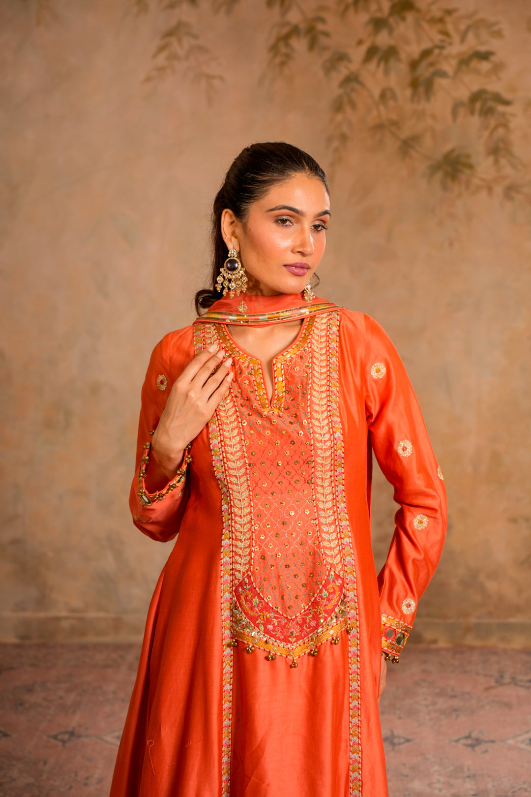 LEHER PEACH ORANGE KURTA SET