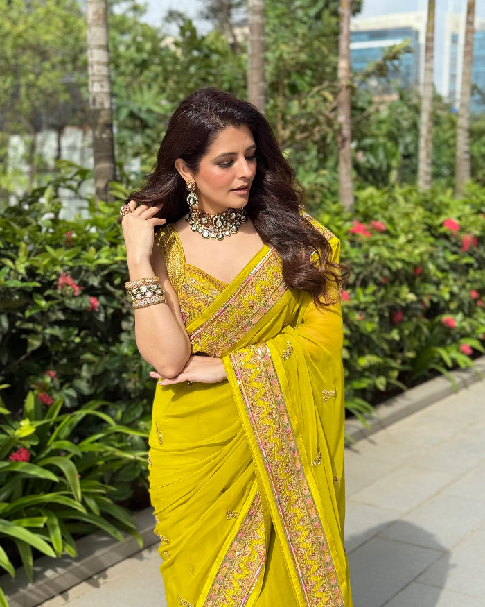 Natasha Luthra In Rangeela Lime Green Saree
