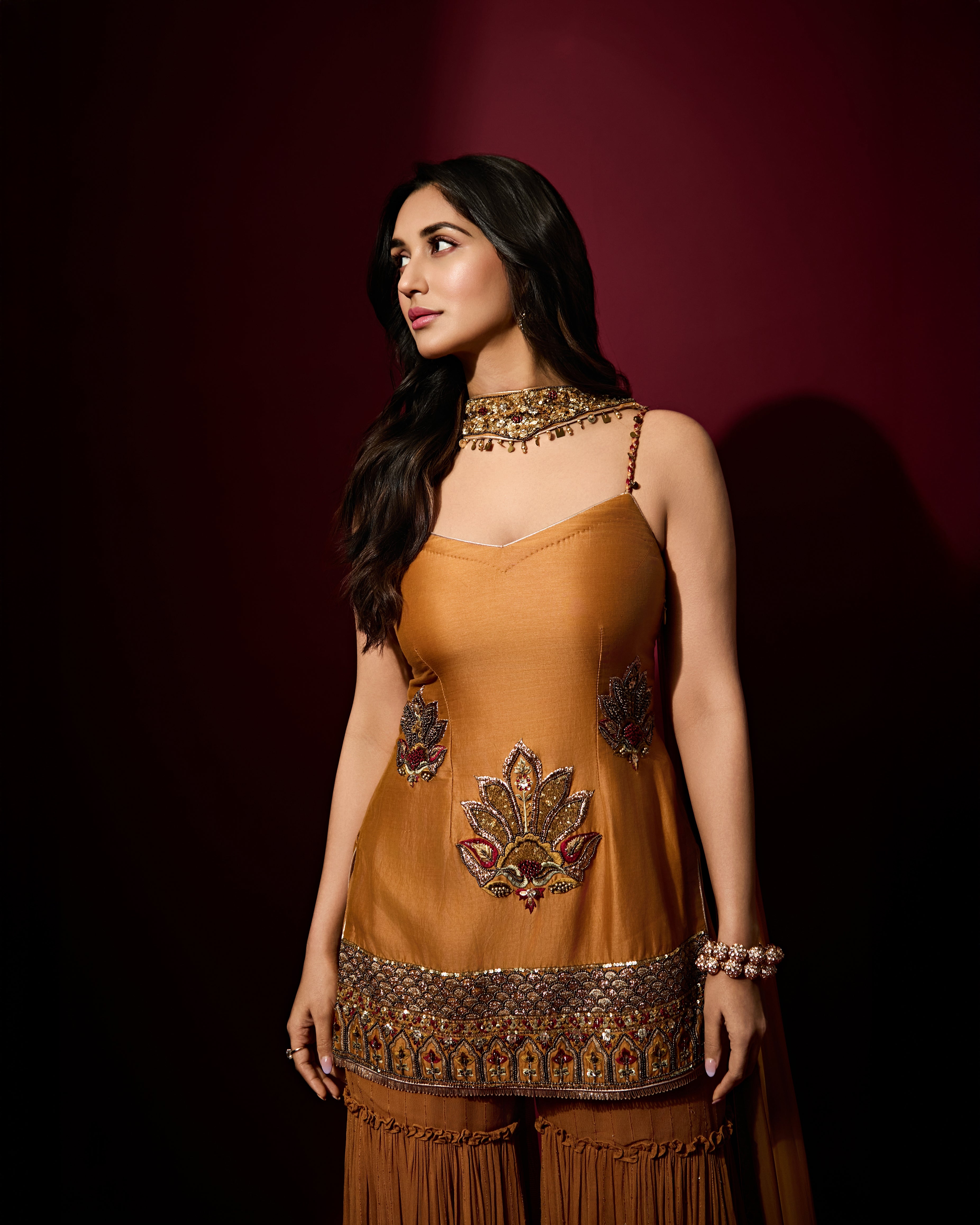 Nikita Dutta In MISHA MUSTARD KURTA SHARARA SET