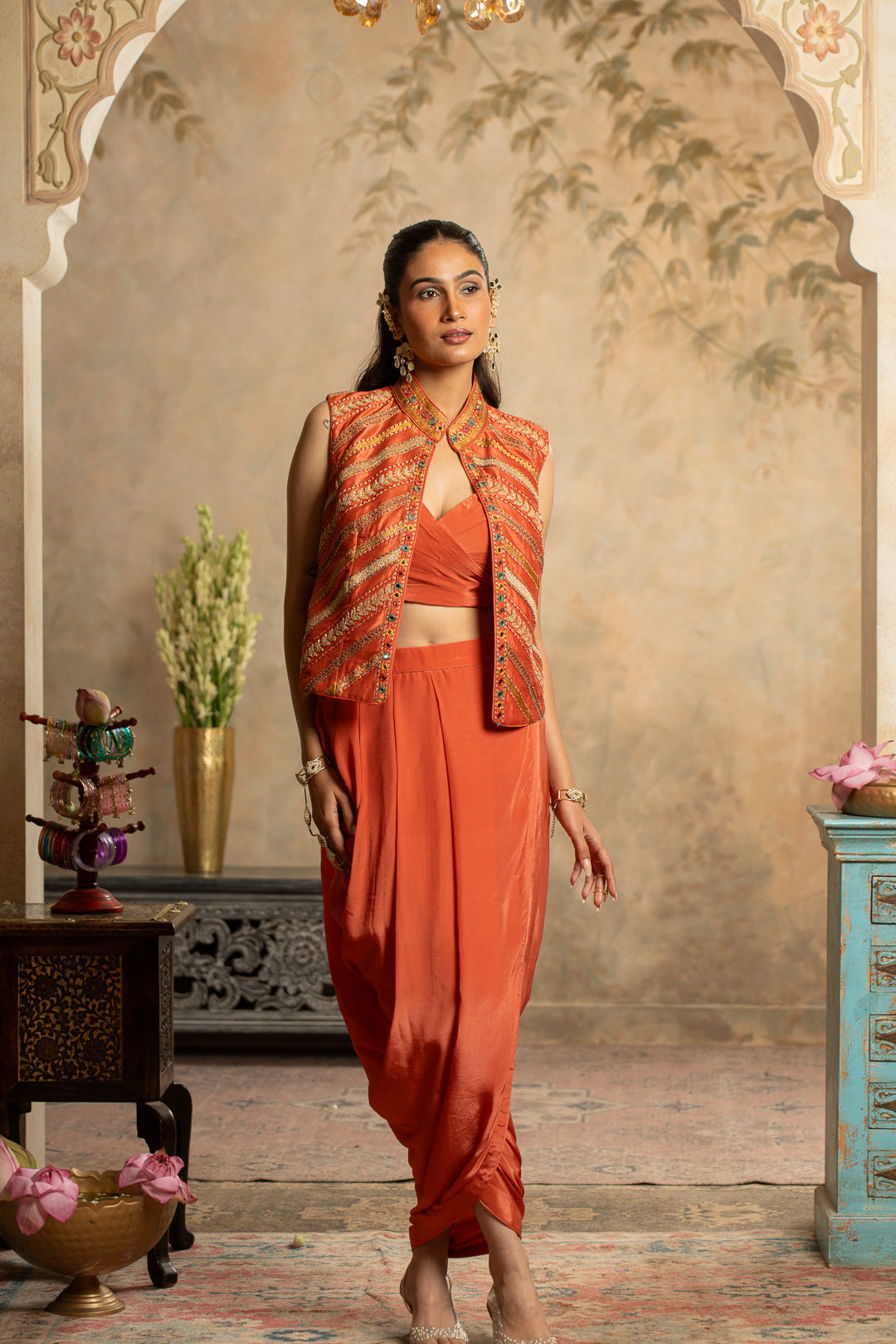 ADAA PEACH ORANGE INDO WESTERN SET