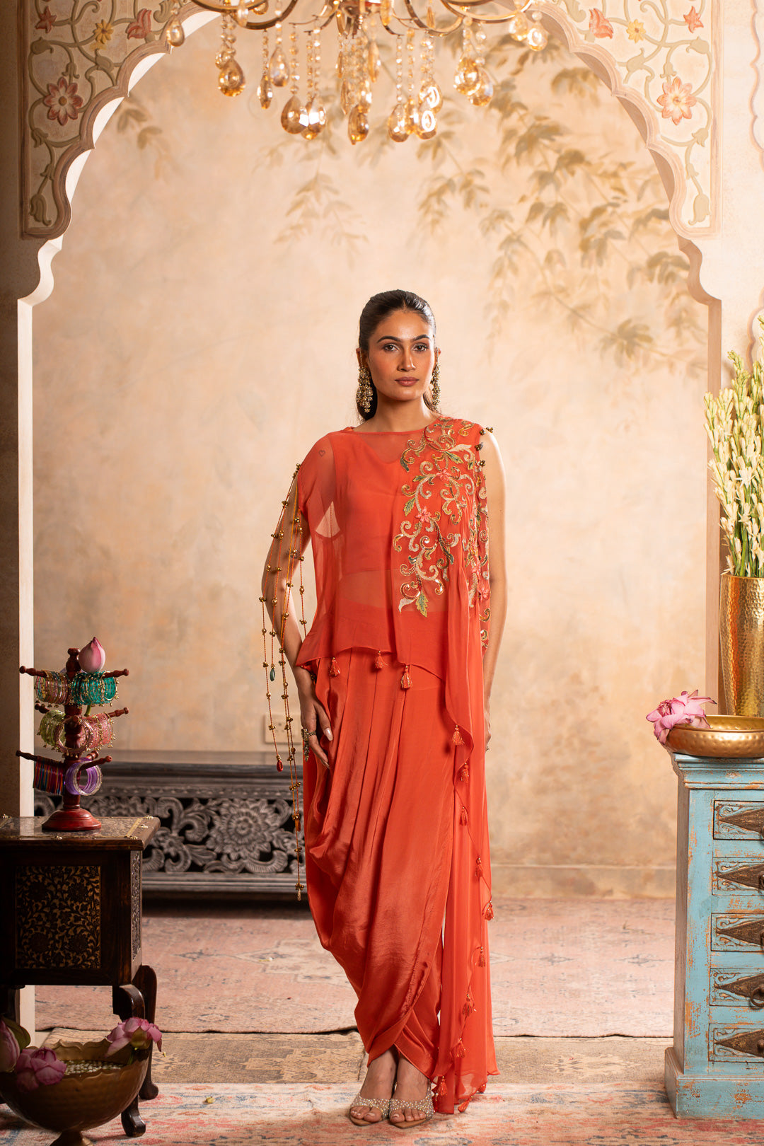 BELA PEACH ORANGE INDO WESTERN SET