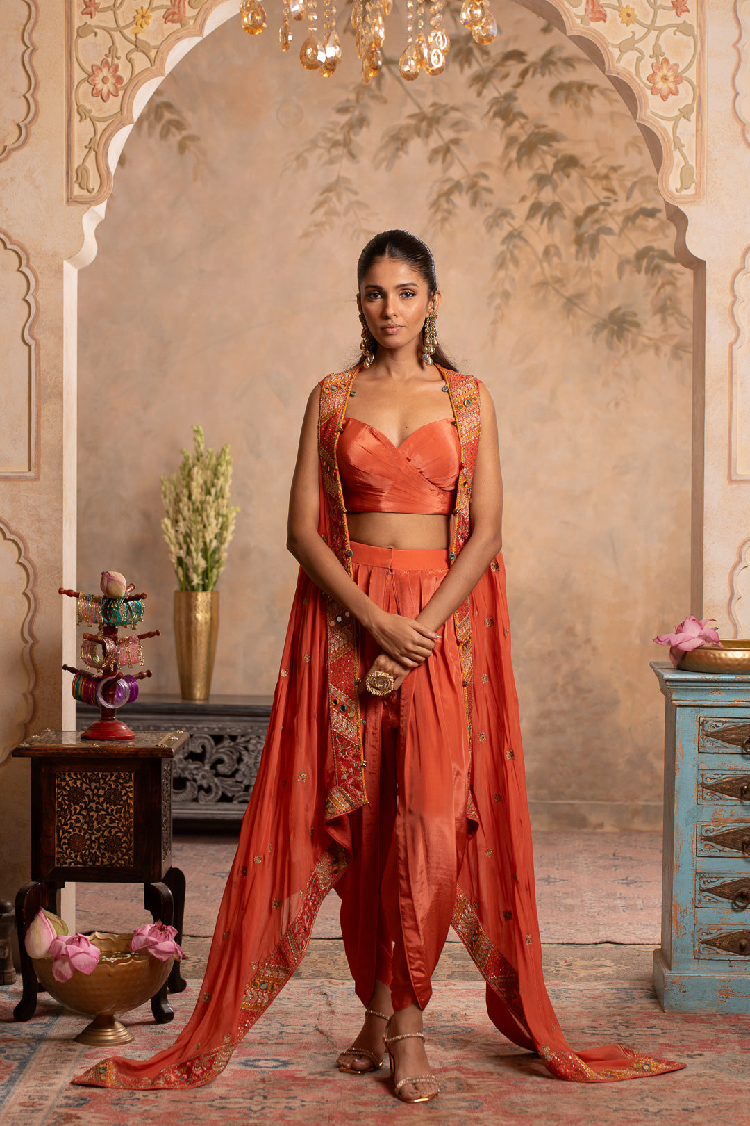 MAHEK PEACH ORANGE INDO WESTERN SET