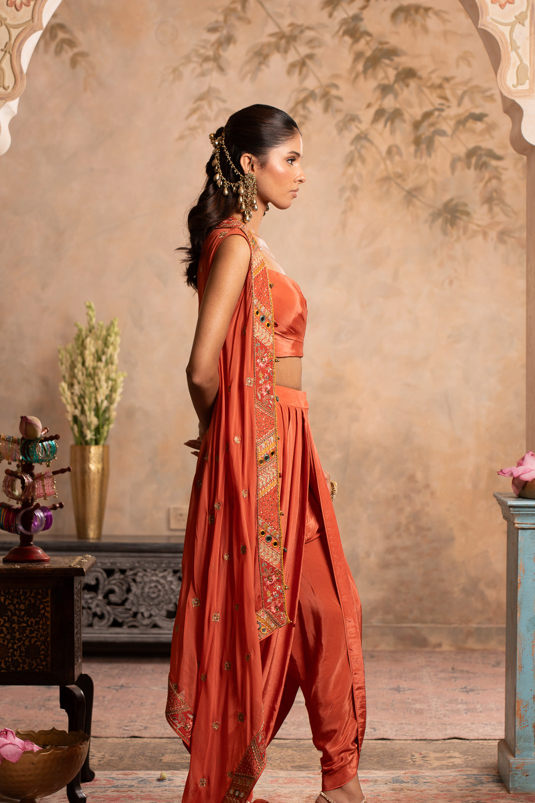 MAHEK PEACH ORANGE INDO WESTERN SET