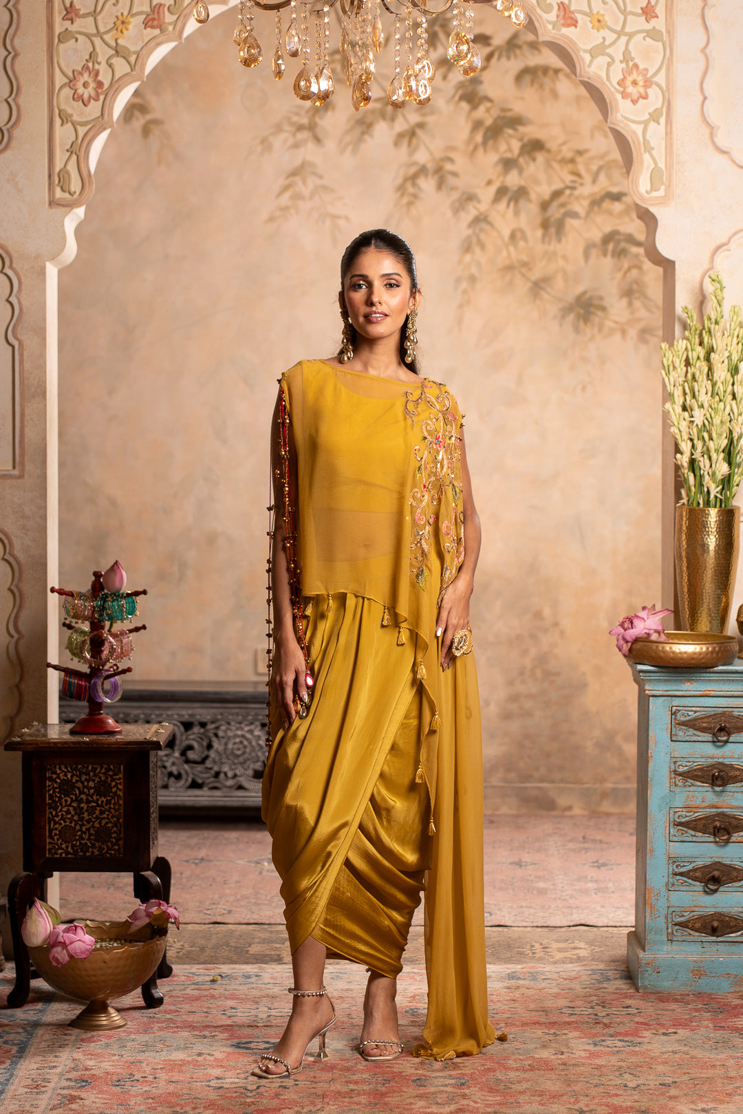 BELA GREENISH YELLOW INDO WESTERN SET