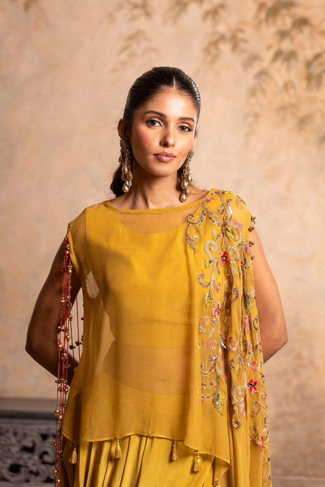 BELA GREENISH YELLOW INDO WESTERN SET
