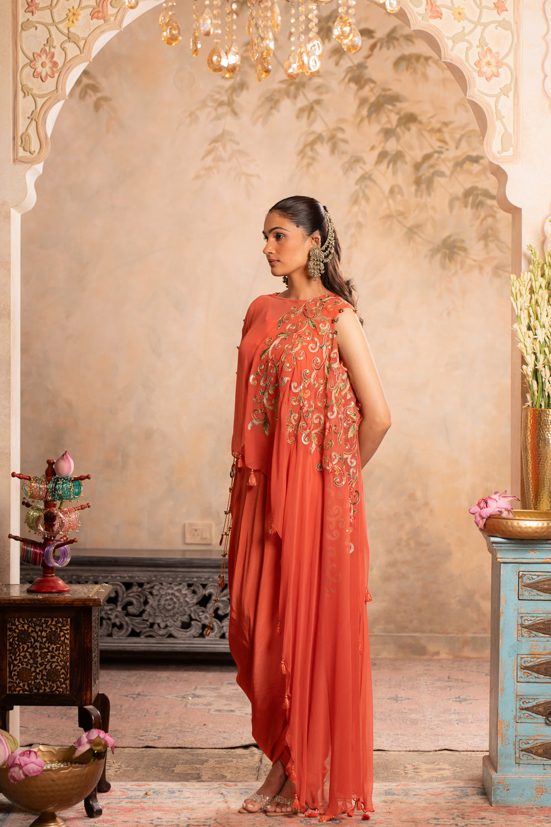 BELA PEACH ORANGE INDO WESTERN SET