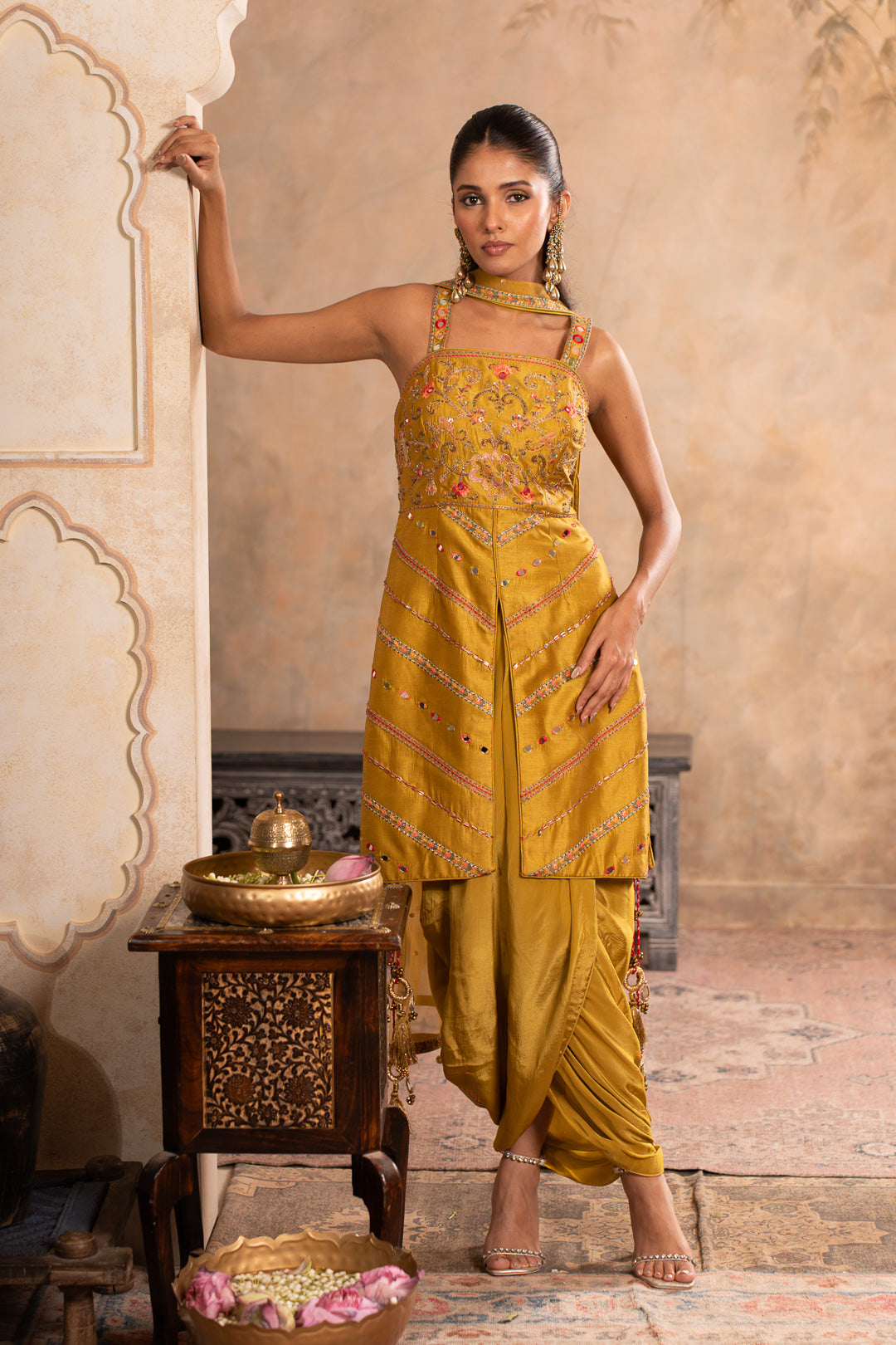 JUHI GREENISH YELLOW INDO WESTERN SET