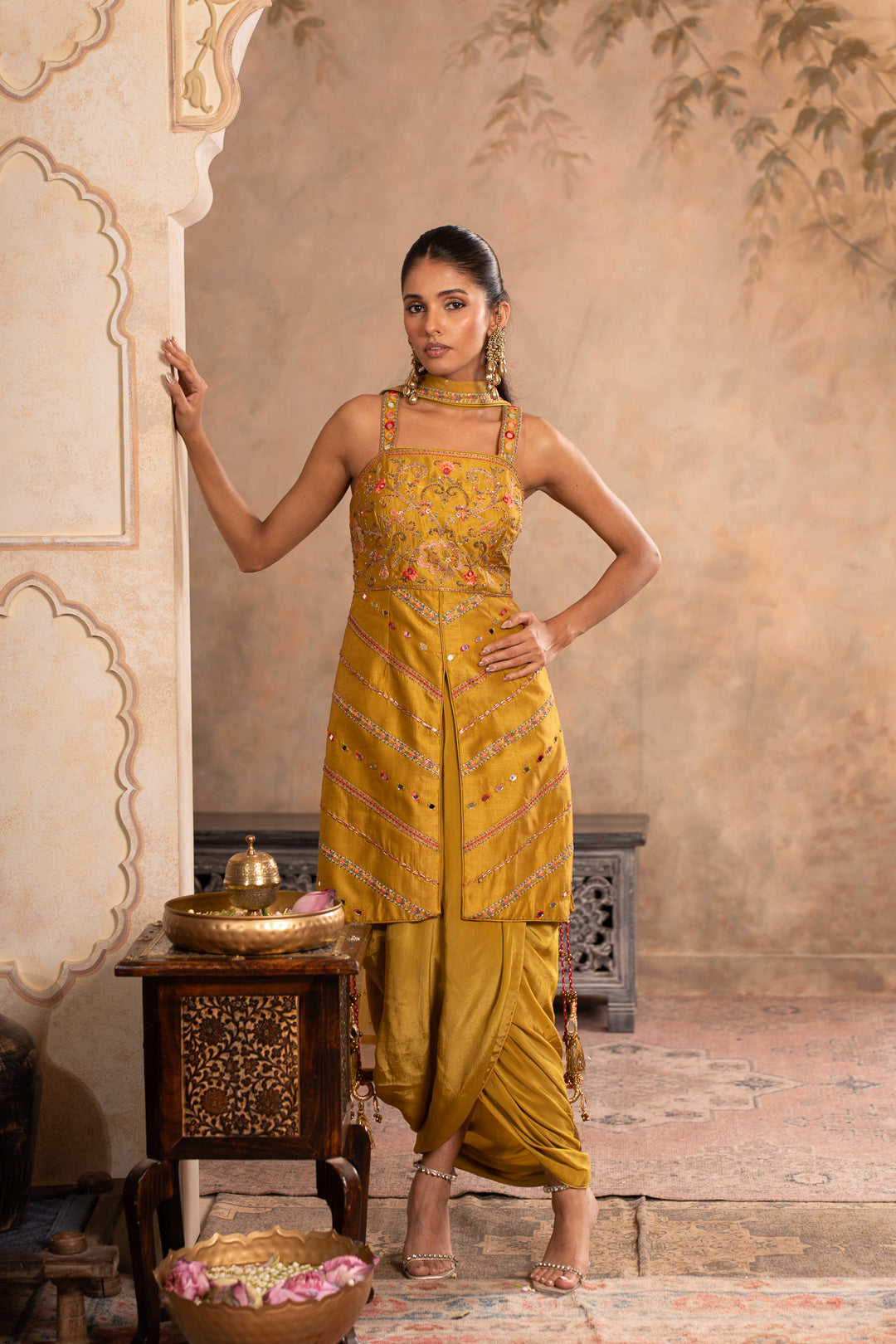 JUHI GREENISH YELLOW INDO WESTERN SET