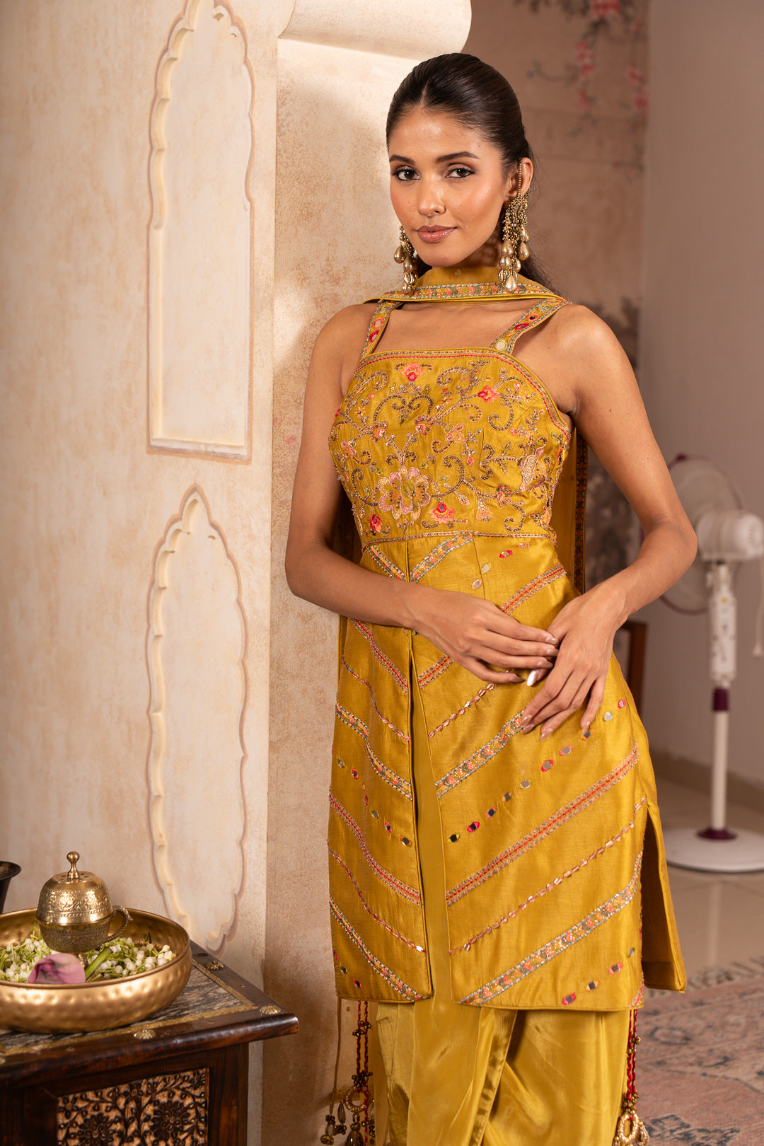 JUHI GREENISH YELLOW INDO WESTERN SET