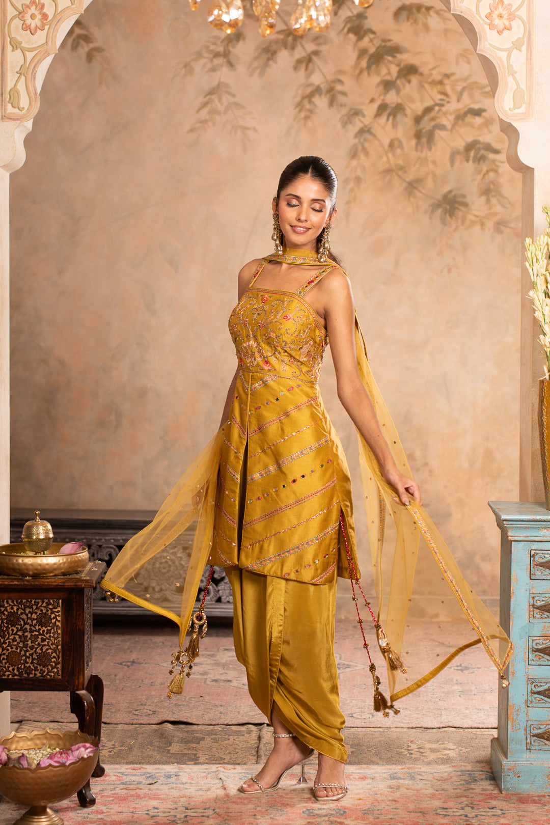 JUHI GREENISH YELLOW INDO WESTERN SET