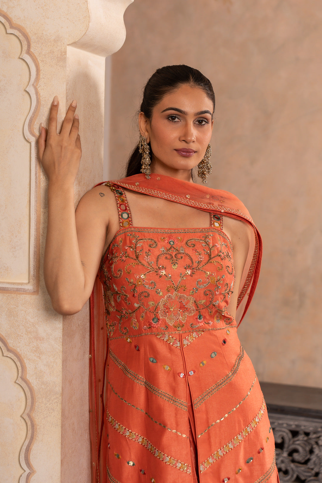 JUHI PEACH ORANGE INDO WESTERN SET