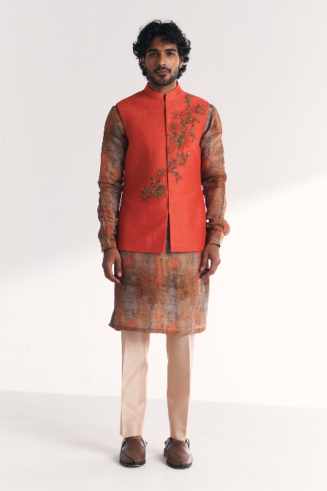 Chandan Tangerine Nehru Jacket Set
