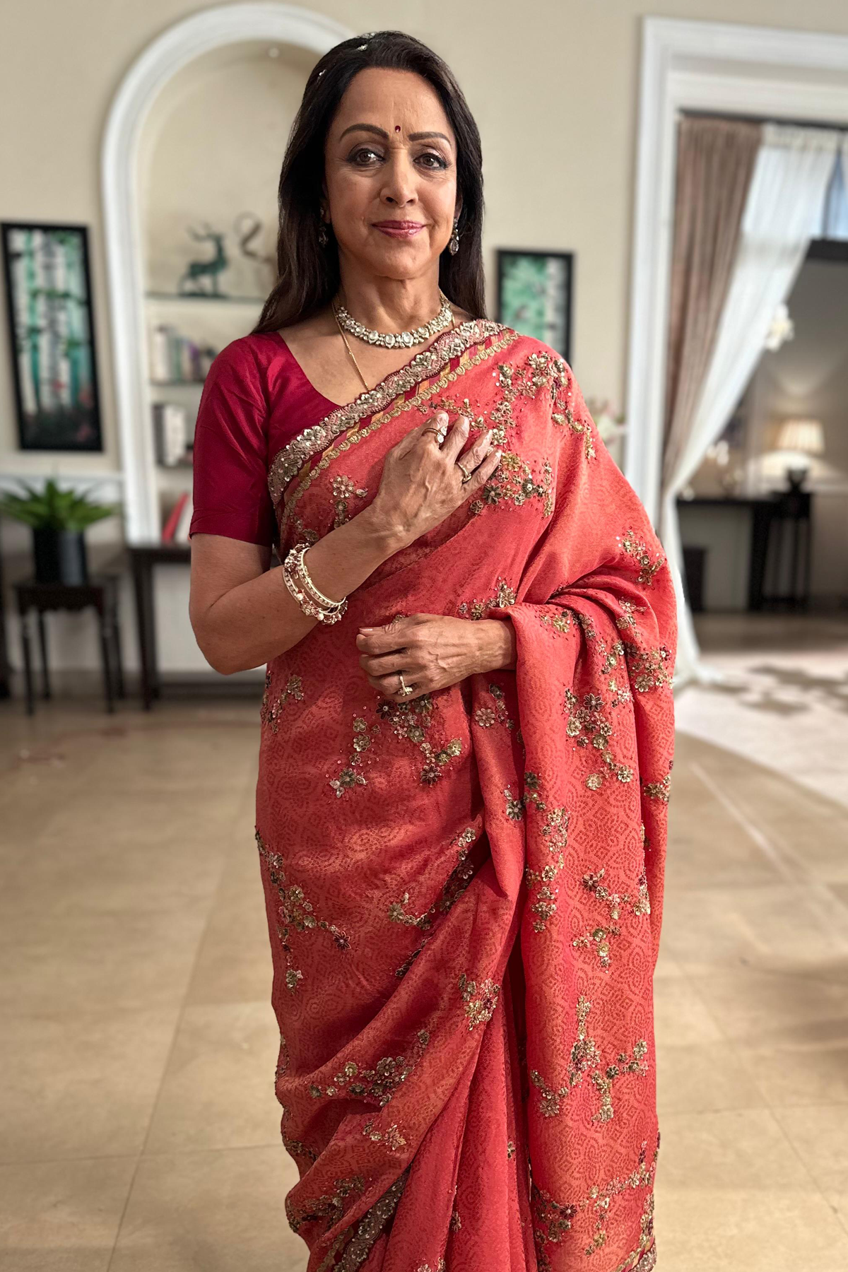 Hema Malini In Gauri Silk Saree With Gold Details & Bandhani