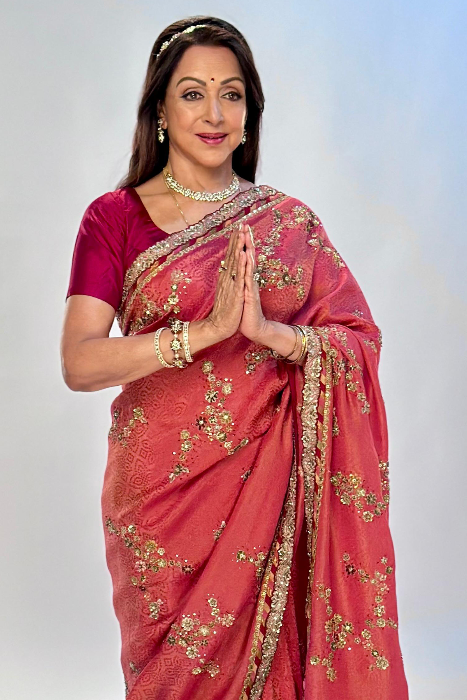 Hema Malini In Gauri Silk Saree With Gold Details & Bandhani