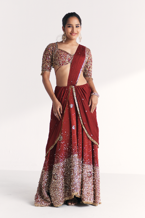 Naveli Maroon Pre-stitched Saree