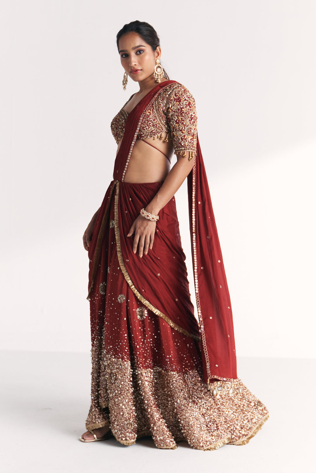 Naveli Maroon Pre-stitched Saree