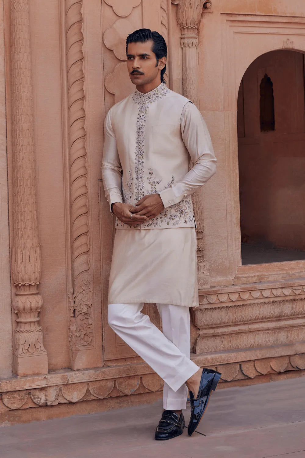 aaftab-ivory-chanderi-ensemble-in-gota-handwork-studio-bagechaa-1 - Studio Bagechaa