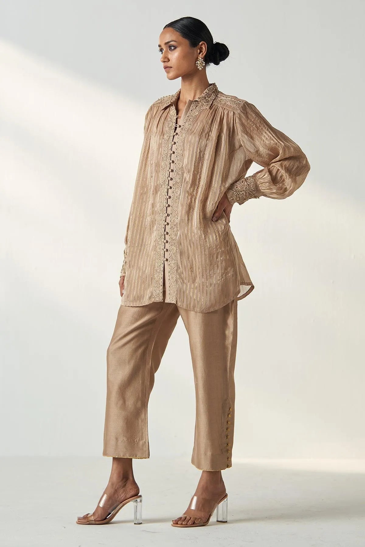 aakriti-and-anushka-in-oorvi-fawn-shirt-pant-set-studio-bagechaa-2 - Studio Bagechaa