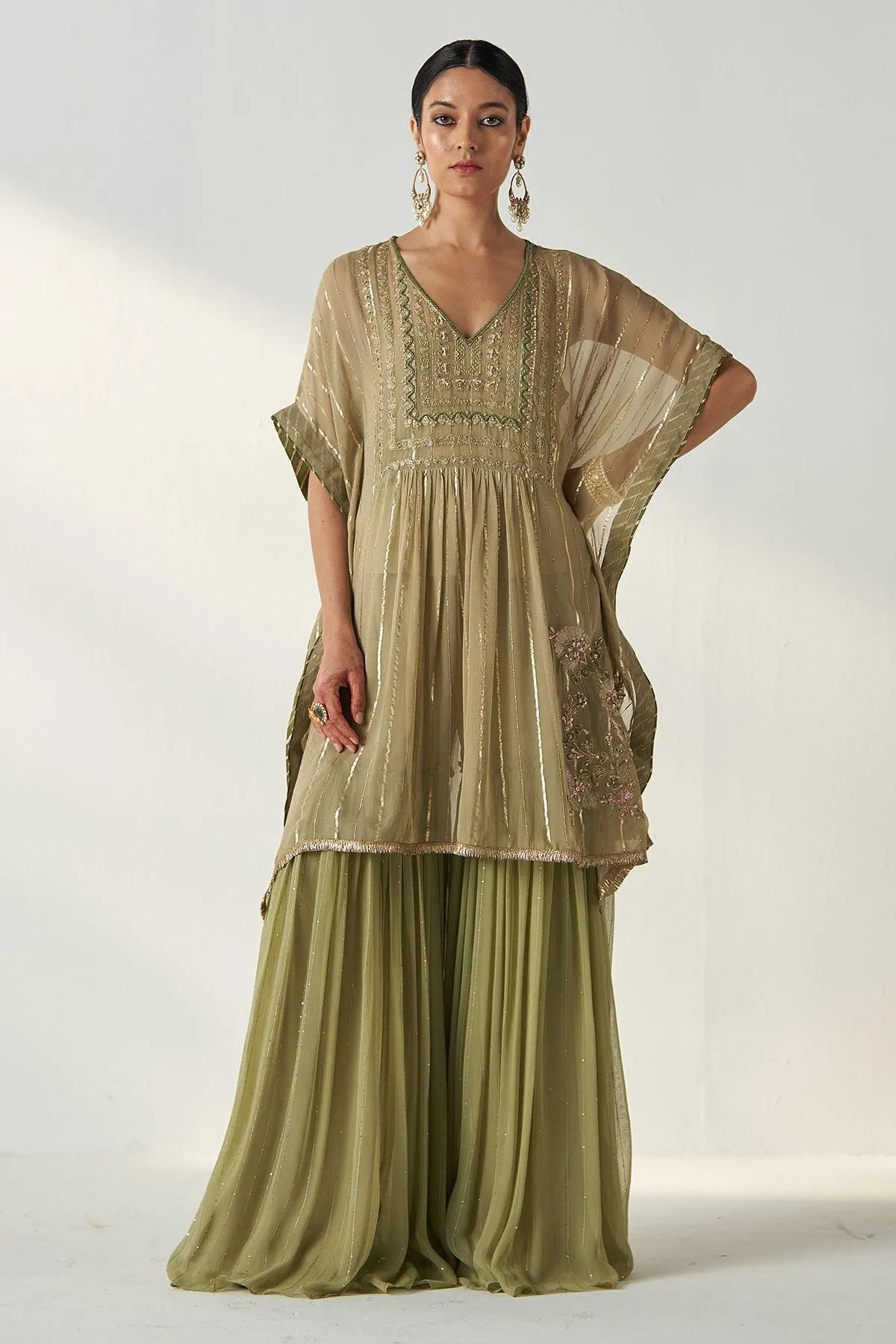 aakriti-and-anushka-in-suhana-green-kaftan-gharara-set-studio-bagechaa-2 - Studio Bagechaa