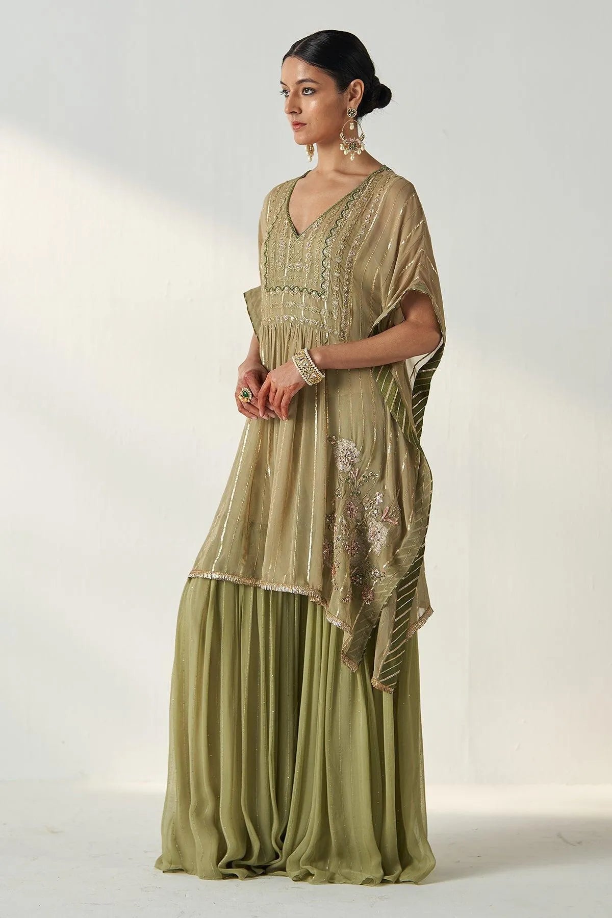 aakriti-and-anushka-in-suhana-green-kaftan-gharara-set-studio-bagechaa-3 - Studio Bagechaa