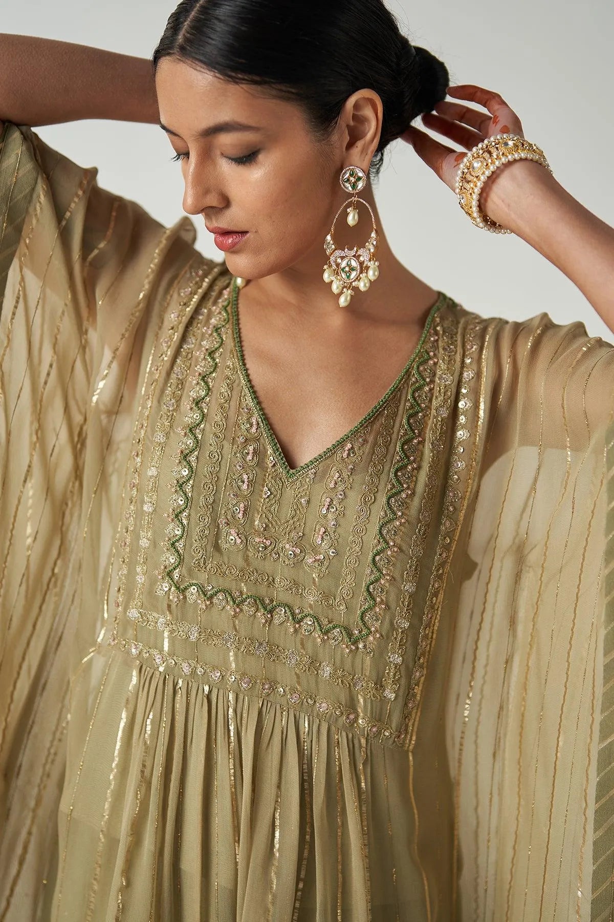 aakriti-and-anushka-in-suhana-green-kaftan-gharara-set-studio-bagechaa-4 - Studio Bagechaa