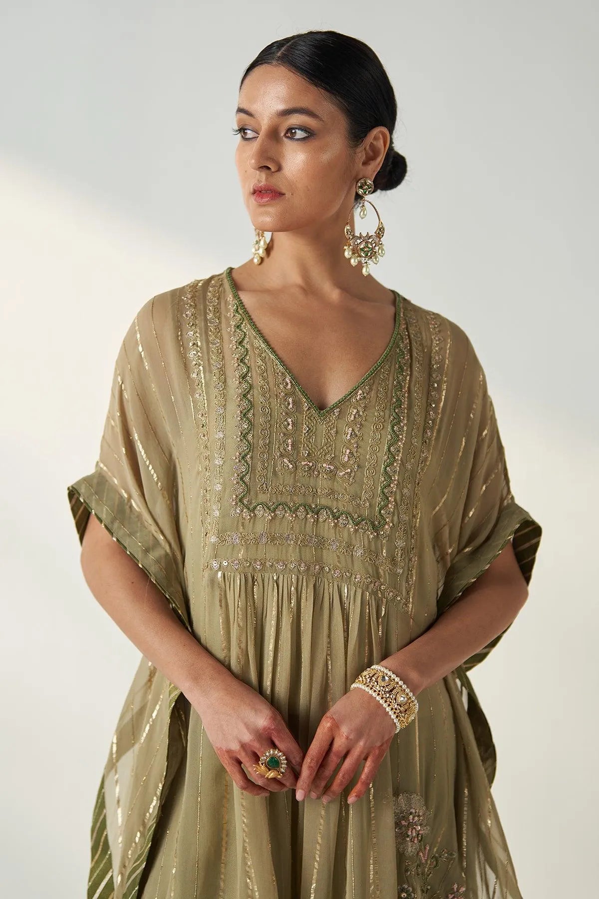 aakriti-and-anushka-in-suhana-green-kaftan-gharara-set-studio-bagechaa-6 - Studio Bagechaa