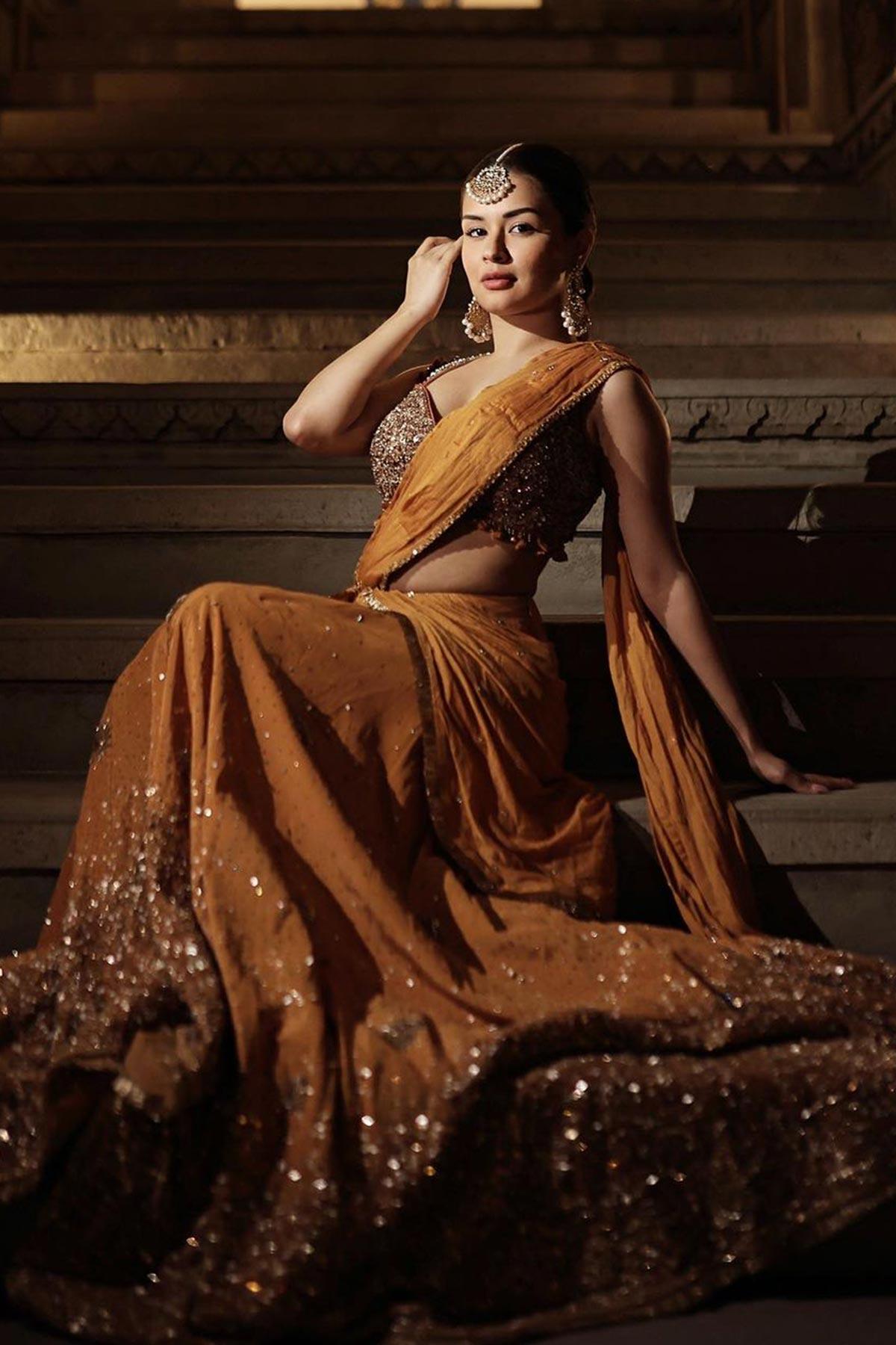 Avneet Kaur in Radha Mustard Saree With Handcrafted Dori Border - Studio Bagechaa