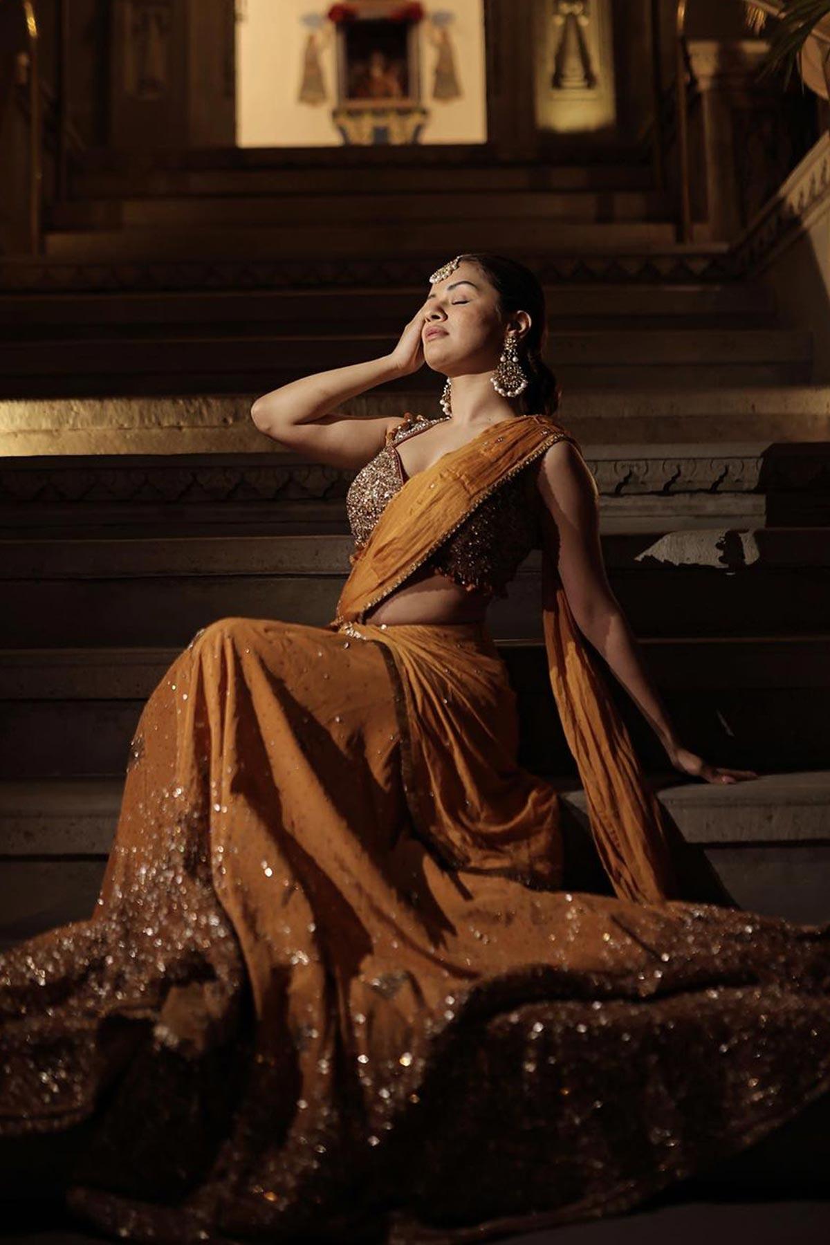 Avneet Kaur in Radha Mustard Saree With Handcrafted Dori Border - Studio Bagechaa