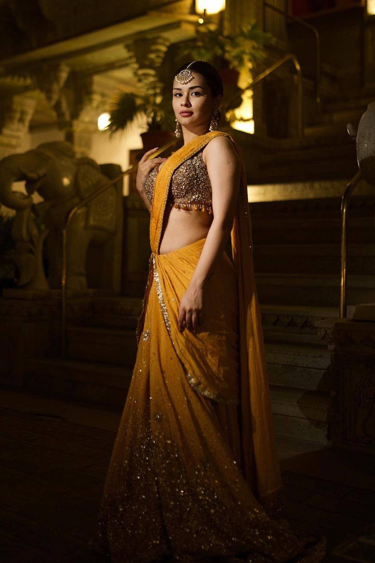 Avneet Kaur in Radha Mustard Saree With Handcrafted Dori Border - Studio Bagechaa