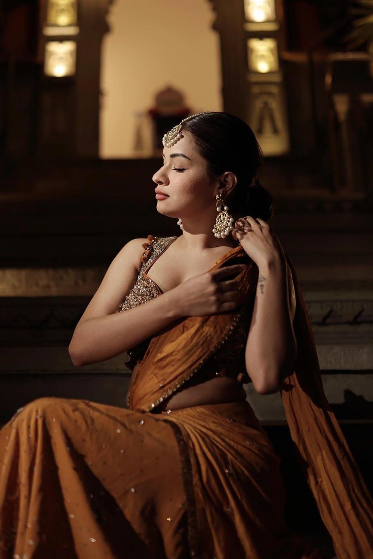 Avneet Kaur in Radha Mustard Saree With Handcrafted Dori Border - Studio Bagechaa