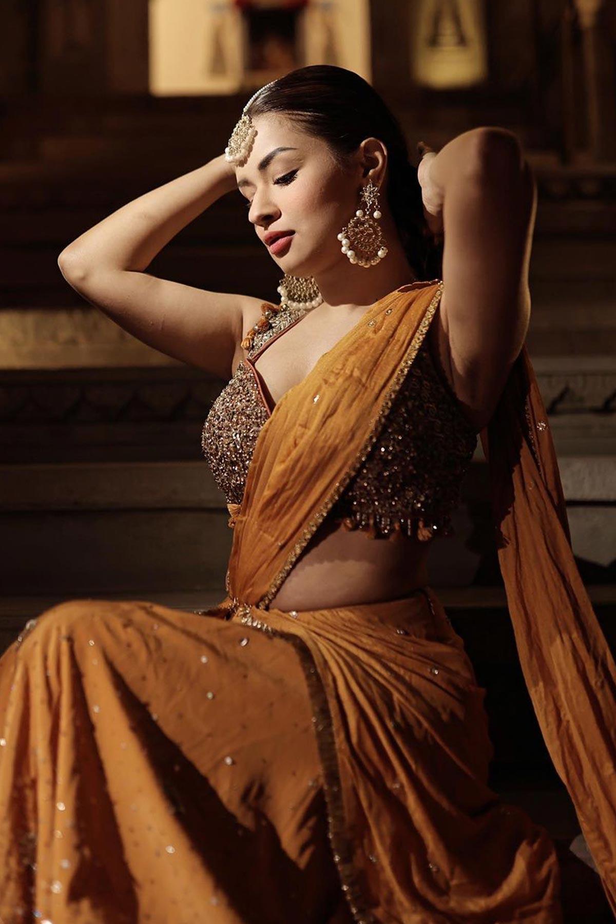 Avneet Kaur in Radha Mustard Saree With Handcrafted Dori Border - Studio Bagechaa