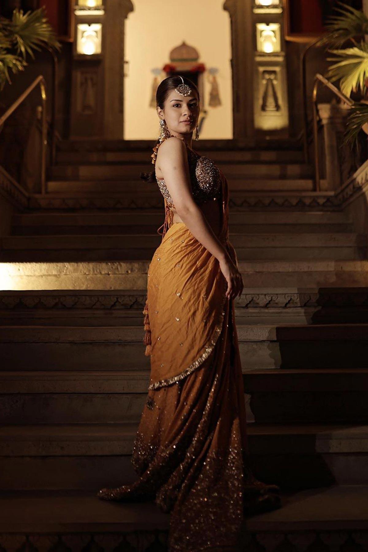 Avneet Kaur in Radha Mustard Saree With Handcrafted Dori Border - Studio Bagechaa