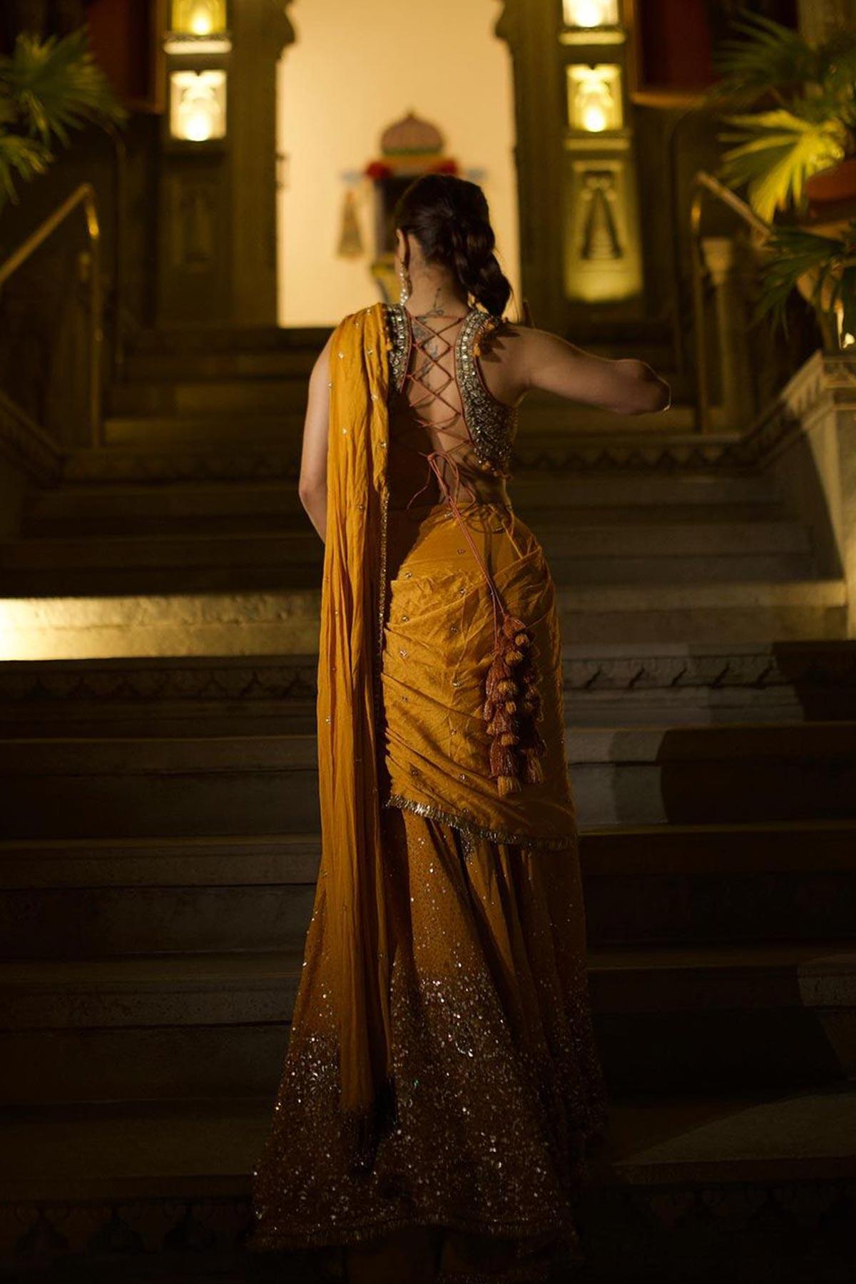Avneet Kaur in Radha Mustard Saree With Handcrafted Dori Border - Studio Bagechaa
