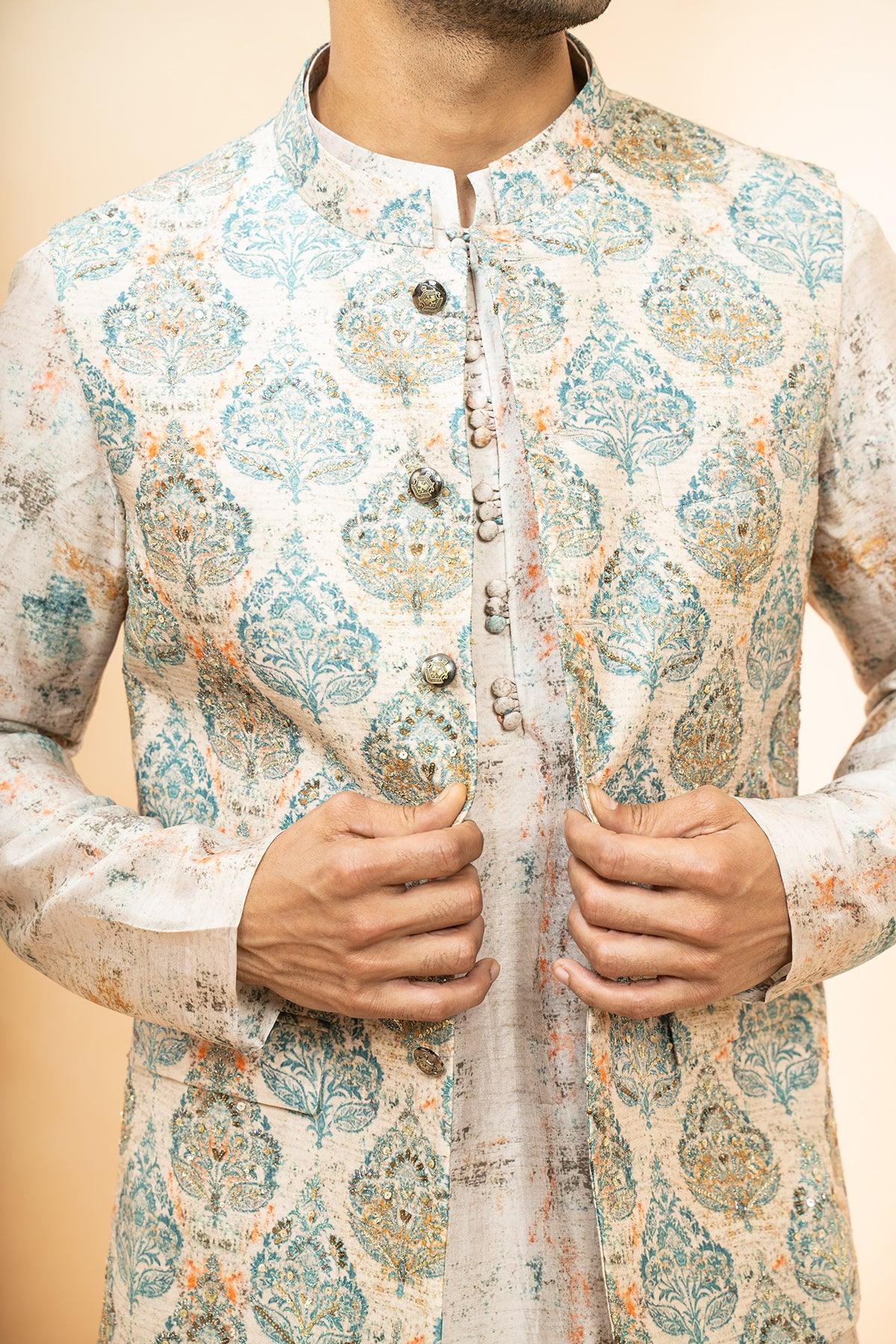 Ehsaas Chanderi Nehru Jacket set - Studio Bagechaa