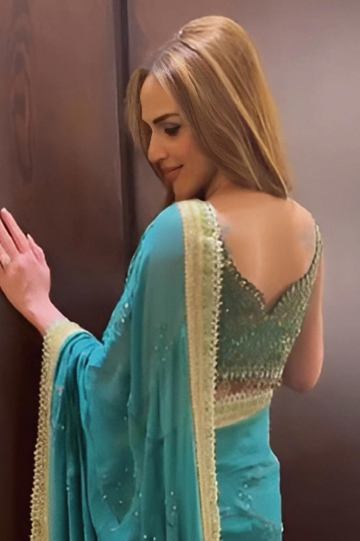 Esha Doel in Nandni Turquoise Saree With Handcrafted Jaal - Studio Bagechaa