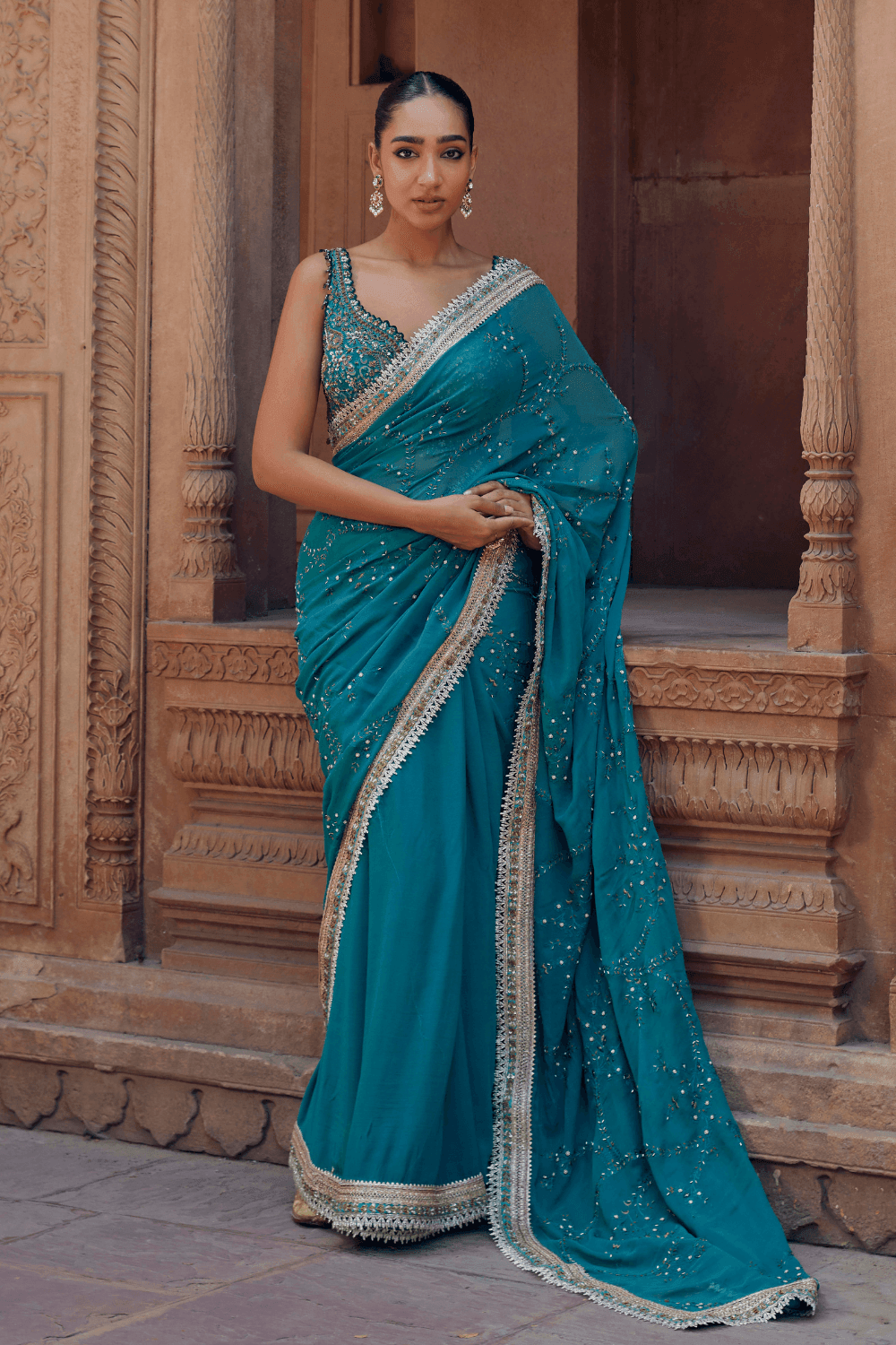 Esha Doel in Nandni Turquoise Saree With Handcrafted Jaal - Studio Bagechaa