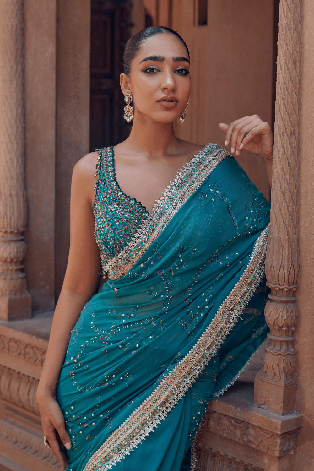 Esha Doel in Nandni Turquoise Saree With Handcrafted Jaal - Studio Bagechaa