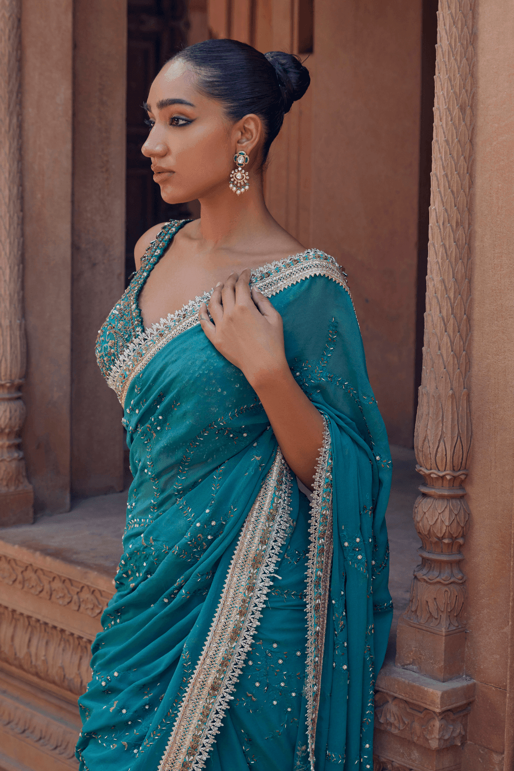 Esha Doel in Nandni Turquoise Saree With Handcrafted Jaal - Studio Bagechaa