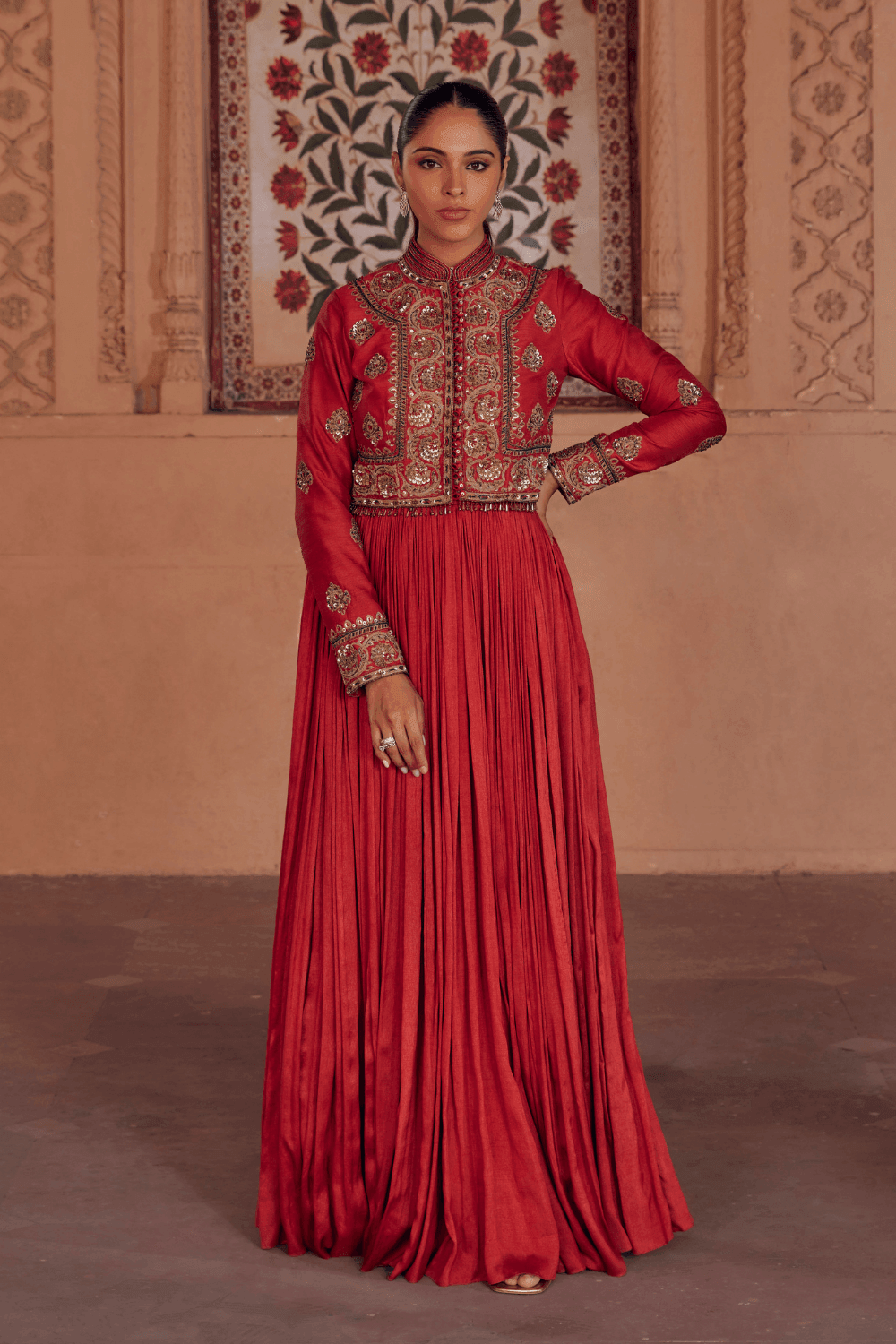Harshdeep Kaur in Madhavi Brick Red Anarkali With Mughal Embroidery - Studio Bagechaa