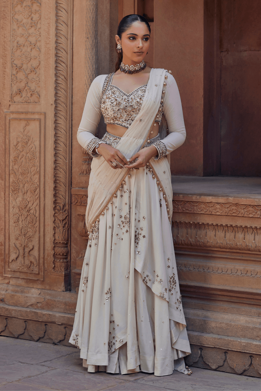 Janvi Ivory Pre-Draped Saree With Full-Sleeve Blouse - Studio Bagechaa