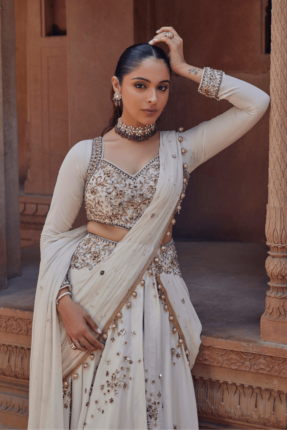Janvi Ivory Pre-Draped Saree With Full-Sleeve Blouse - Studio Bagechaa