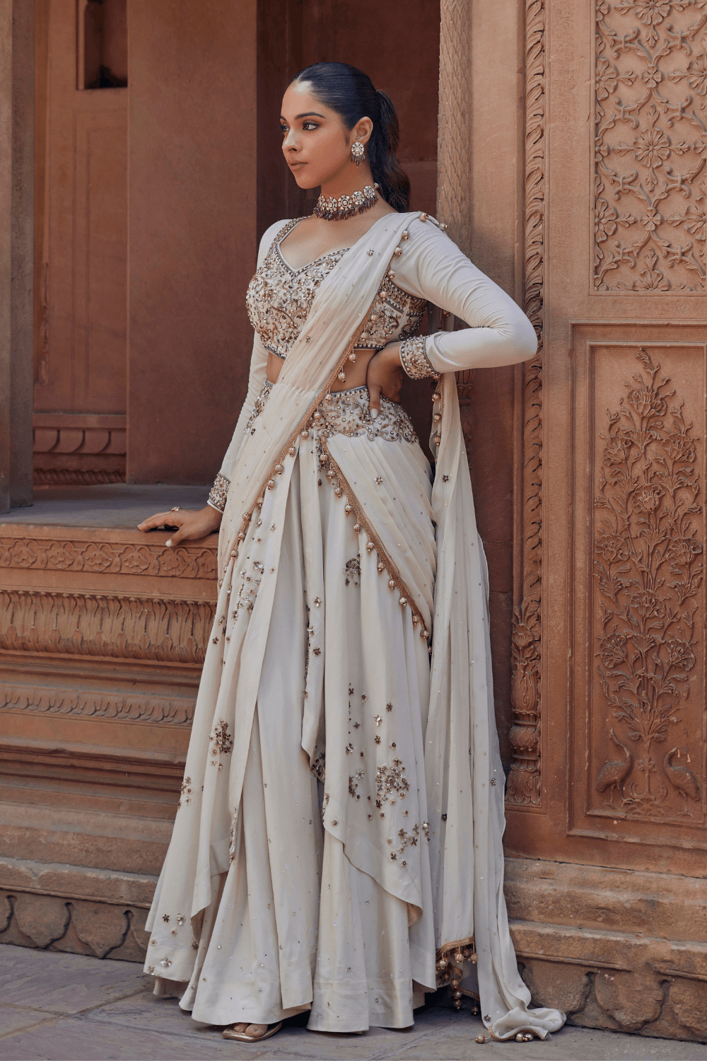 Janvi Ivory Pre-Draped Saree With Full-Sleeve Blouse - Studio Bagechaa
