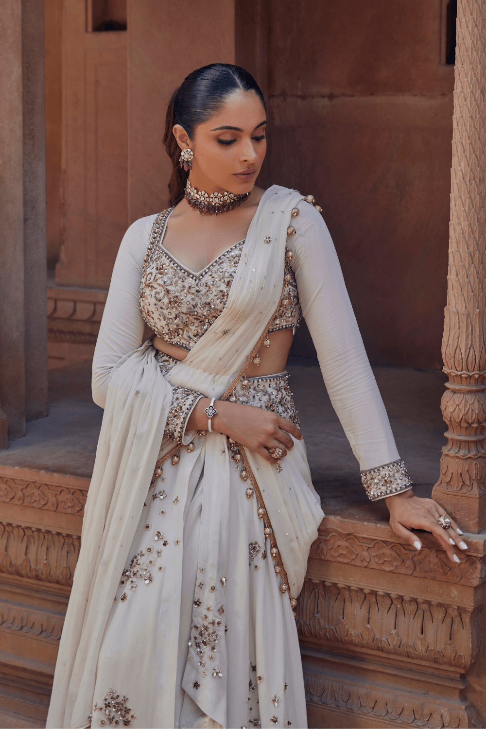 Janvi Ivory Pre-Draped Saree With Full-Sleeve Blouse - Studio Bagechaa