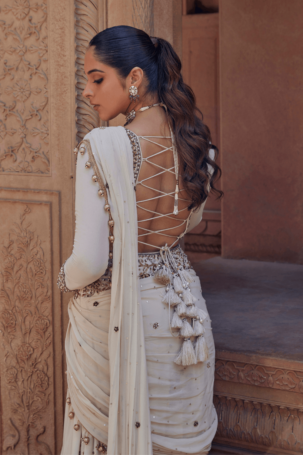 Janvi Ivory Pre-Draped Saree With Full-Sleeve Blouse - Studio Bagechaa