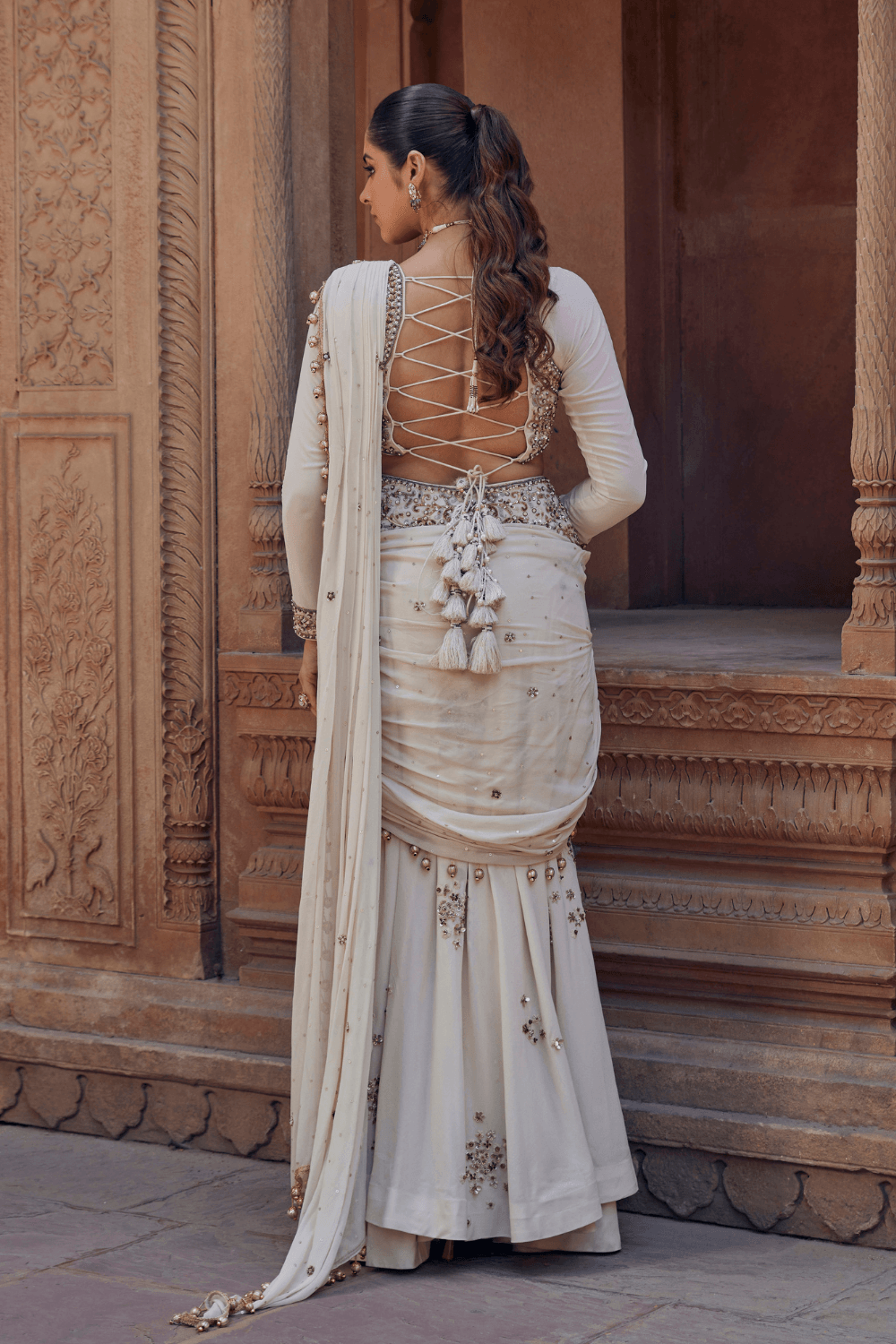 Janvi Ivory Pre-Draped Saree With Full-Sleeve Blouse - Studio Bagechaa