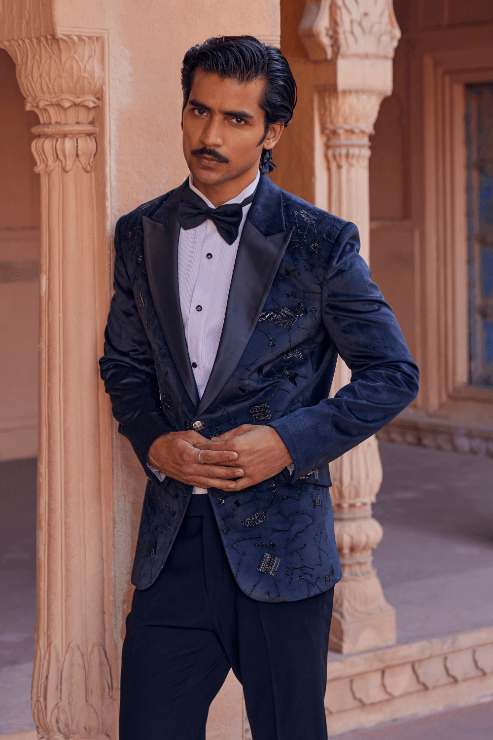 Midnight Blue Black Chanderi Tuxedo - Studio Bagechaa