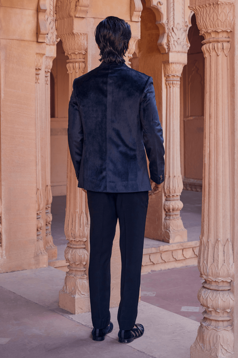 Midnight Blue Black Chanderi Tuxedo - Studio Bagechaa