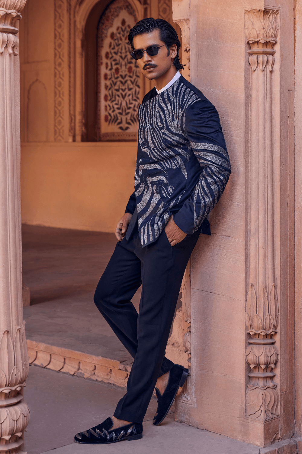 Mirza Elegant Black Chanderi Tuxedo - Studio Bagechaa